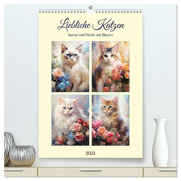 Liebliche Katzen. Anmut und Würde mit Blumen (hochwertiger Premium Wandkalender 2024 DIN A2 hoch), Kunstdruck in Hochglanz, Rose Hurley