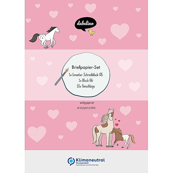 Liniertes Briefpapier-Set für Kinder: Pferde/ Ponys (rosa mit Herzen, Mädchen)