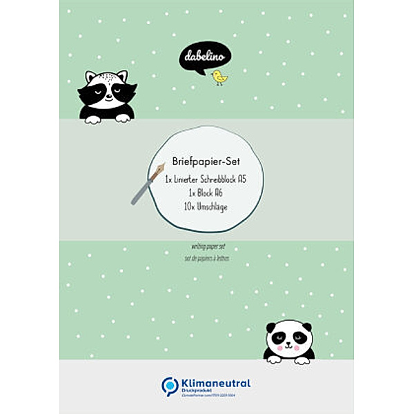 Liniertes Briefpapier-Set für Kinder: Tiere (Panda + Waschbär, für Mädchen und Jungen, grün)