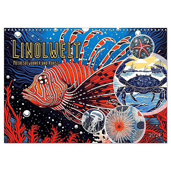 Linolwelt - Meeresbewohner und Kunst (Wandkalender 2024 DIN A3 quer), CALVENDO Monatskalender, Calvendo, Anja Frost