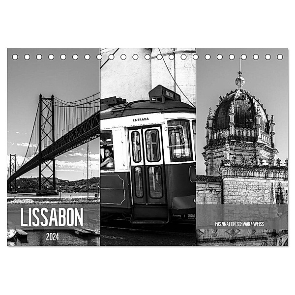 Lissabon Faszination Schwarz Weiss (Tischkalender 2024 DIN A5 quer), CALVENDO Monatskalender, Dirk Meutzner