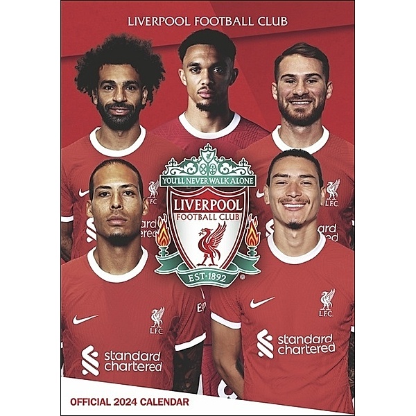 Liverpool Posterkalender 2024. Fussball-Posterkalender mit den besten Momenten der Liverpool Mannschaft.
