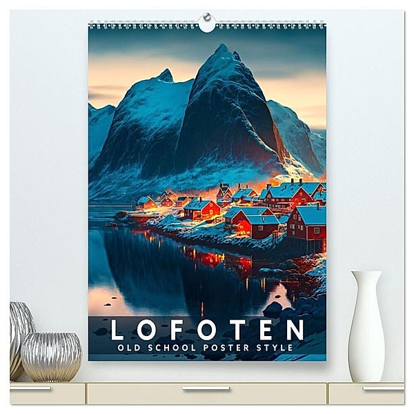 Lofoten - Old School Poster Style (hochwertiger Premium Wandkalender 2024 DIN A2 hoch), Kunstdruck in Hochglanz, Val Thoermer
