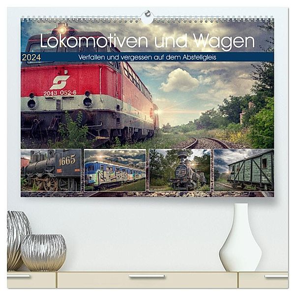 Lokomotiven und Wagen - Verfallen und vergessen auf dem Abstellgleis (hochwertiger Premium Wandkalender 2024 DIN A2 quer), Kunstdruck in Hochglanz, Monika Felber