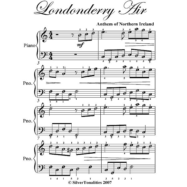 Londonderry Air Easy Piano Sheet Music, Traditional Irish