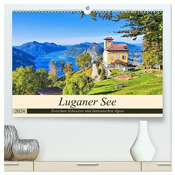 Luganer See - Zwischen Schweizer und Italienischen Alpen (hochwertiger Premium Wandkalender 2024 DIN A2 quer), Kunstdruck in Hochglanz, LianeM