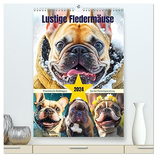 Lustige Fledermäuse. Französische Bulldoggen bei der Freizeitgestaltung (hochwertiger Premium Wandkalender 2024 DIN A2 hoch), Kunstdruck in Hochglanz, Rose Hurley