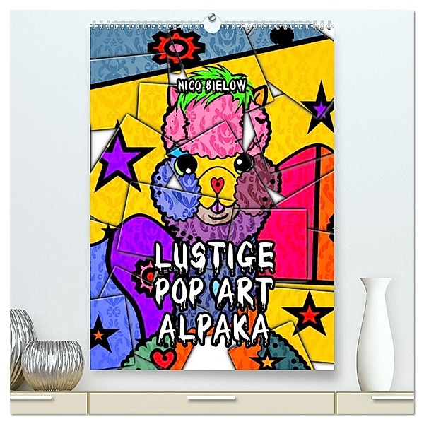 Lustige Pop Art Alpaka (hochwertiger Premium Wandkalender 2024 DIN A2 hoch), Kunstdruck in Hochglanz, Nico Bielow
