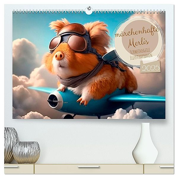 Märchenhafte Merlis - Schweinegeile Illustrationen (hochwertiger Premium Wandkalender 2025 DIN A2 quer), Kunstdruck in Hochglanz, Calvendo, artefacti