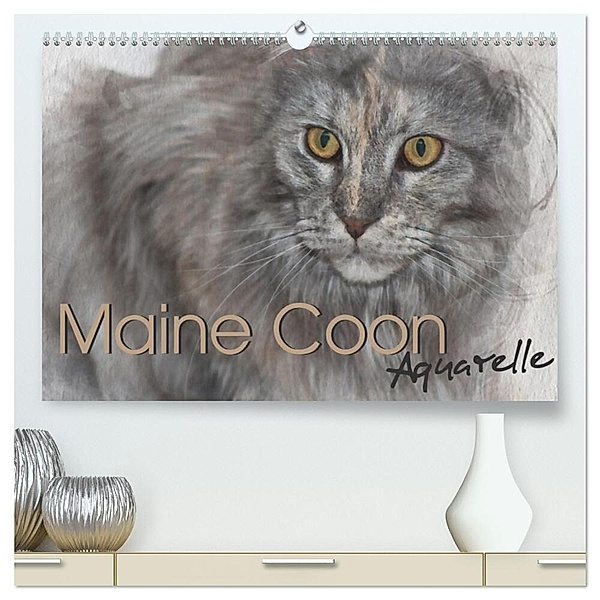 Maine Coon Aquarelle (hochwertiger Premium Wandkalender 2024 DIN A2 quer), Kunstdruck in Hochglanz, Jasmin Hahn