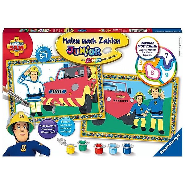 Ravensburger Verlag Mal-Set MALEN NACH ZAHLEN JUNIOR – FEUERWEHRMANN SAM 9-teilig