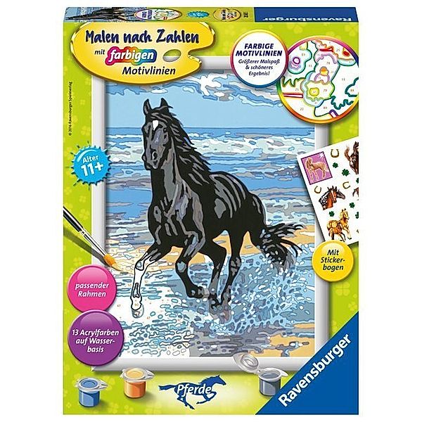 Ravensburger Verlag Mal-Set MALEN NACH ZAHLEN PFERDE – PFERD AM STRAND mit Sticker