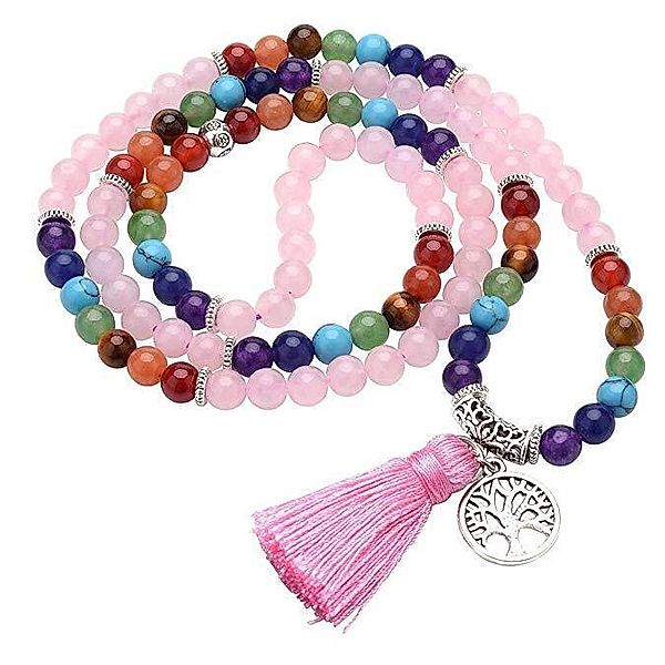 Mala Chakra Lebensbaum 108 Rosenquarz- und Chakra Edelsteine mit Metall Anhänger