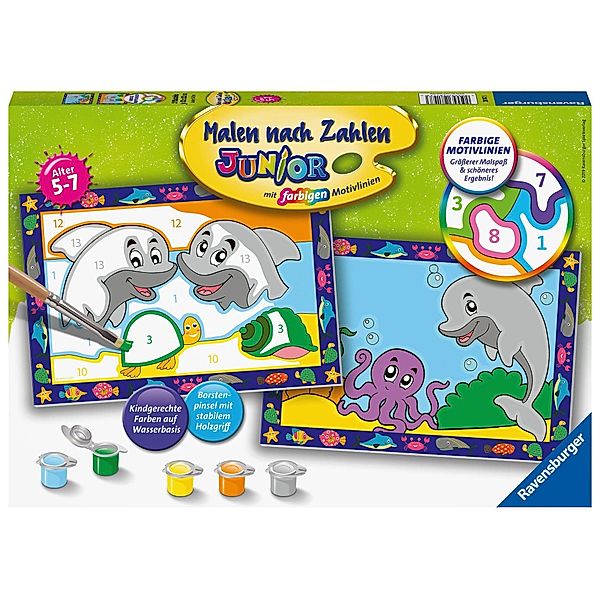 Malen nach Zahlen Junior - Jeder kann malen (Mal-Sets), Bildgröße: 22 x 32 cm: Ravensburger Malen nach Zahlen 28147 - Lustige Delfine - Kinder 5-7 Jahren