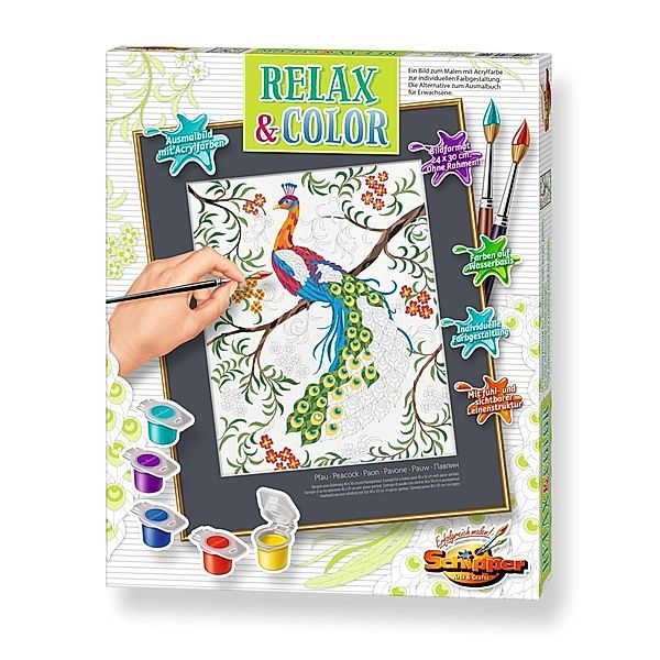 Malen nach Zahlen, Relax & Color, Ausmalbild mit Acrylfarben (Mal-Sets): Pfau