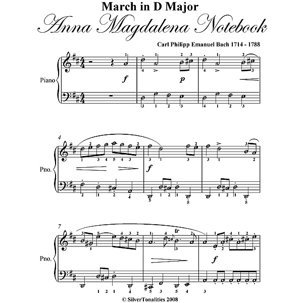 March In D Major Anna Magdalena Notebook - Easy Piano Sheet Music, Silver Tonalities
