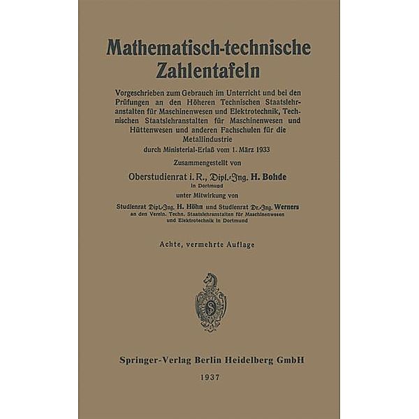 Mathematisch-technische Zahlentafeln, Heinrich Bohde, Hugo Höhn, Paul Werners