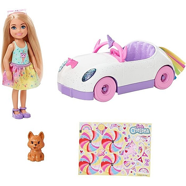 Mattel GXT41 Barbie Chelsea Puppe Spiel-Set inkl. Auto, Regenbogen-Einhorn  Zub