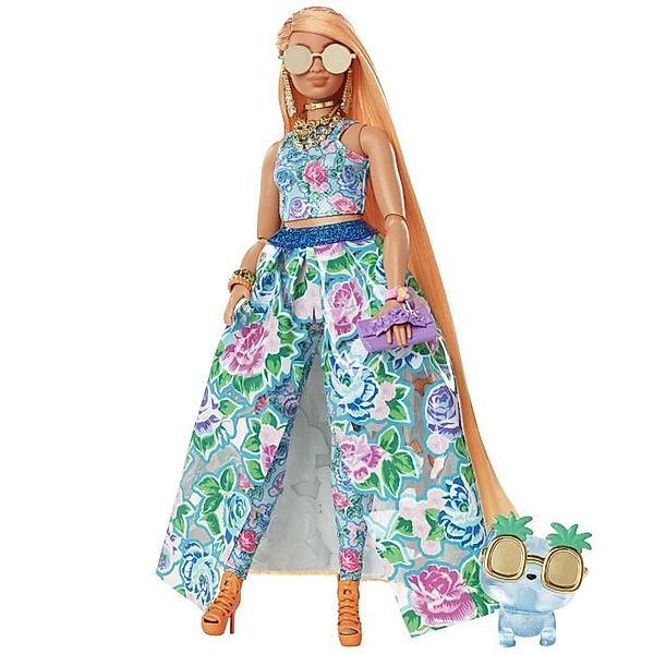 Mattel Mattel HHN14 Barbie Extra Fancy Puppe im blauen Kleid mit Blumenmuster