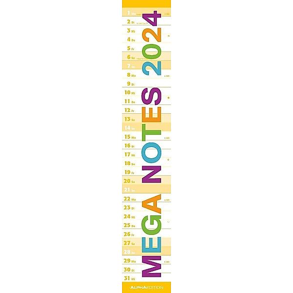 Mega Notes 2024 - Streifenplaner 15x90 cm - mit farblich abgegrenzten Wochenenden - Wandplaner XL - Küchenkalender - Langplaner