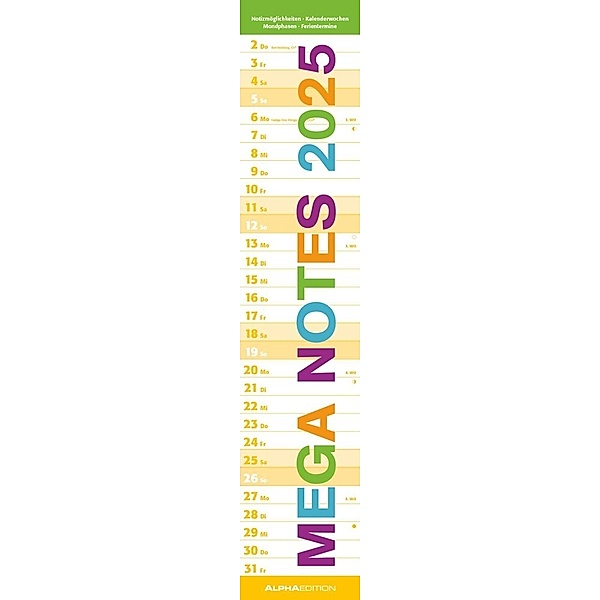 Mega Notes 2025 - Streifenplaner 17x85 cm - mit farblich abgegrenzten Wochenenden - Wandplaner XL - Küchenkalender - Langplaner