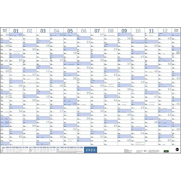 Mega-Posterplaner 2024. Großer Jahresplaner in blau. Wandkalender 2024 zum Eintragen. XXL Büro-Kalender mit Ferienterminen und Feiertagen. 68 x 98 cm