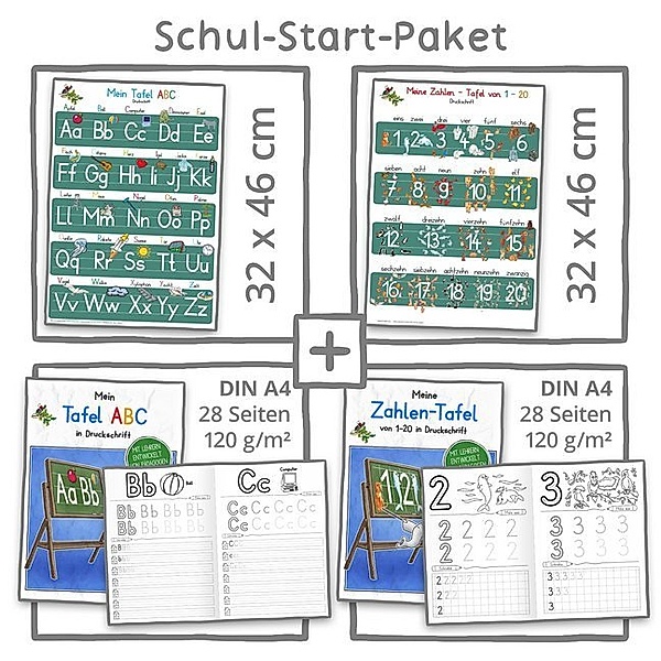 Mein Schul-Start-Paket, 2 Lernposter 32 x 46 cm + 2 Schreiblernhefte DIN A4, Helga Momm