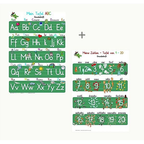 Mein Tafel-ABC Grundschrift + Meine Zahlen-Tafel von 1-20, 2 Lernposter, glänzend, 300g, 32 x 46 cm, E&Z-Verlag GmbH