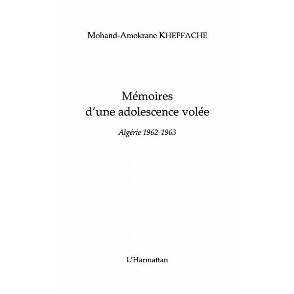 Memoires d'une adolescence volee algerie / Hors-collection, Dominice Pierre