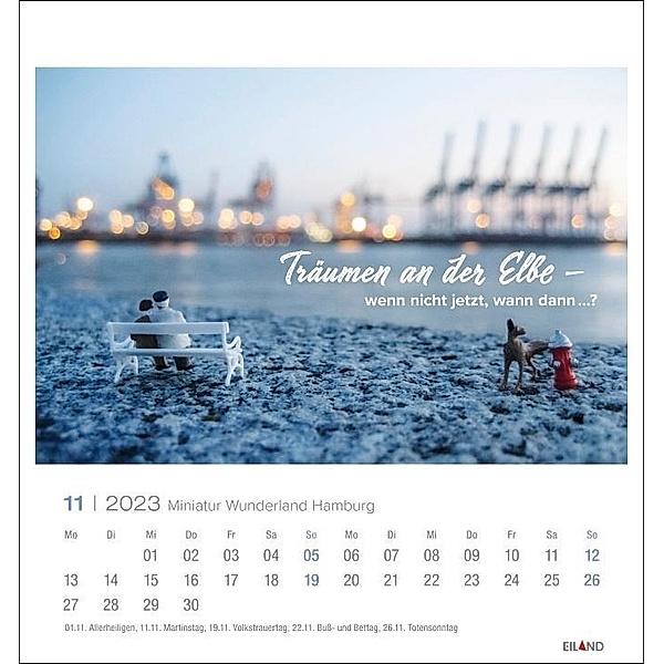 Miniatur Wunderland Postkartenkalender 2023. Hamburg in kleinen Modellen vor großer Kulisse. Kleiner Tischkalender mit P