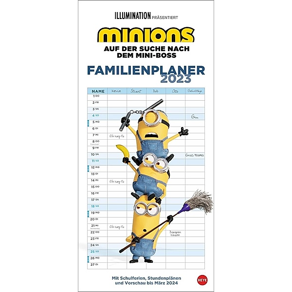 Minions Familienplaner 2023. Familienkalender mit 5 Spalten. Humorvoll illustrierter Familien-Wandkalender mit Schulferi