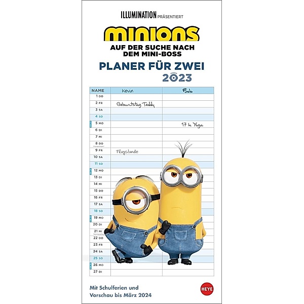 Minions Planer für zwei 2023. Kalender mit den kleinen gelben Chaos-Typen aus den Filmen. Partnerplaner 2023, ein absolu