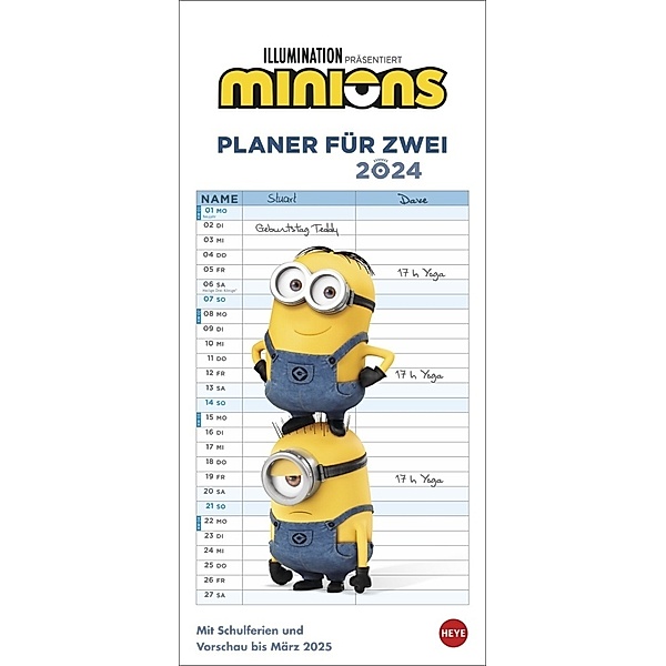 Minions Planer für zwei 2024. Kalender mit den kleinen gelben Chaos-Charakteren aus den Filmen. Partnerplaner 2024, ein absoluter Hingucker und praktischer Überblick über alle wichtigen Termine.
