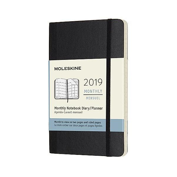 Moleskine 12 Monate Monats Notizkalender 2019, P/A6, Soft Cover, Schwarz