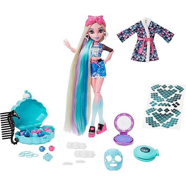 Mattel Monster High Puppe, Lagoona Blue Wellnesstag-Set mit Zubehör zum Tragen und Te