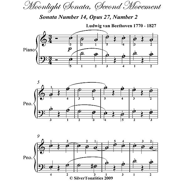 Moonlight Sonata Second Mvt Easy Piano Sheet Music, Ludwig van Beethoven