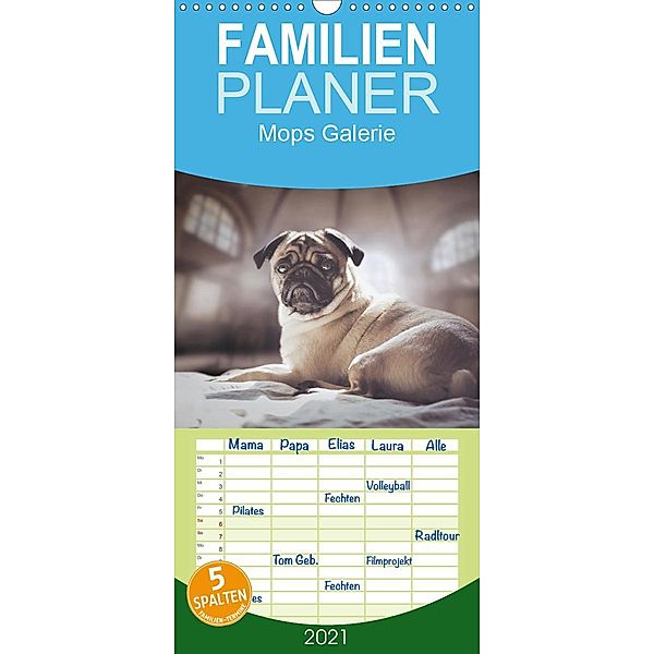 Mops Galerie - Familienplaner hoch (Wandkalender 2021 , 21 cm x 45 cm, hoch), Mops Galerie