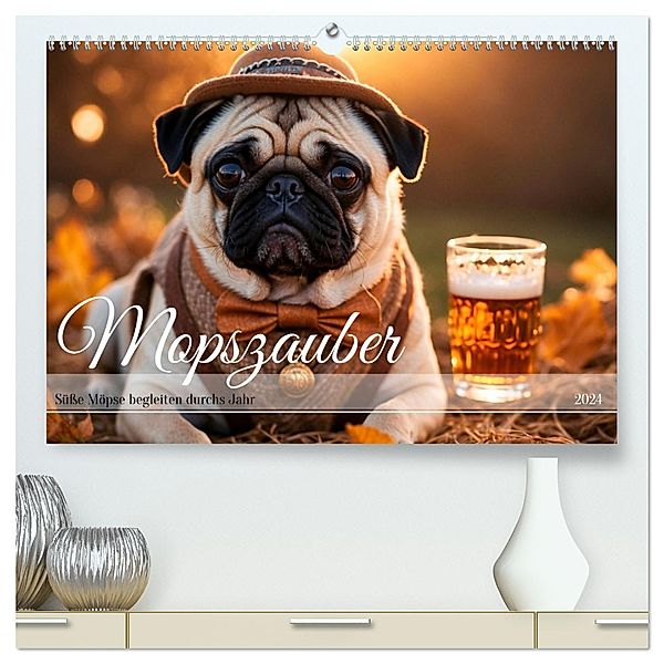 Mopszauber - Süsse Möpse begleiten durchs Jahr (hochwertiger Premium Wandkalender 2024 DIN A2 quer), Kunstdruck in Hochglanz, Calvendo, Heidi Spiegler