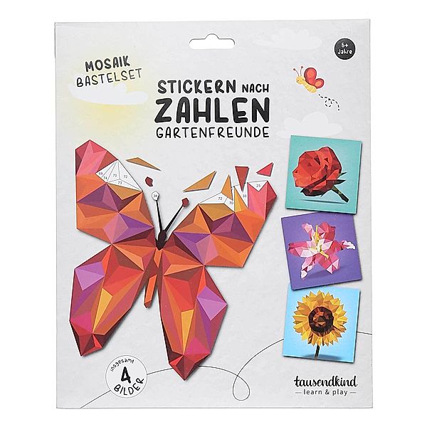 tausendkind learn & play Mosaikbastelset STICKERN NACH ZAHLEN - GARTENFREUNDE 4-teilig