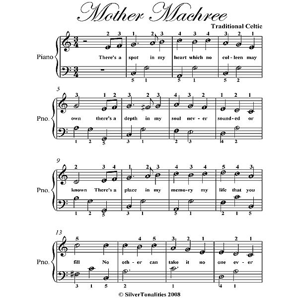 Mother Machree Easiest Piano Sheet Music, Traditional Celtic