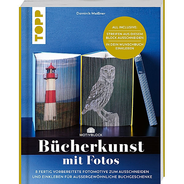 Motivblock - Bücherkunst mit Fotos. In Streifen geschnittene Fotos in ein Buch geklebt ergeben ein beeindruckendes Bild, Dominik Meissner