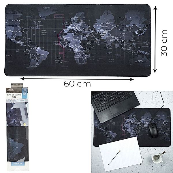 Mousepad XXL Motiv Weltkarte, ca. 60 x 30 cm, schwarze Grundfarbe, Elastomer-Gummi