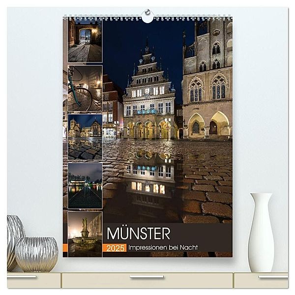 Münster - Impressionen bei Nacht (hochwertiger Premium Wandkalender 2025 DIN A2 hoch), Kunstdruck in Hochglanz, Calvendo, Gregor Herzog