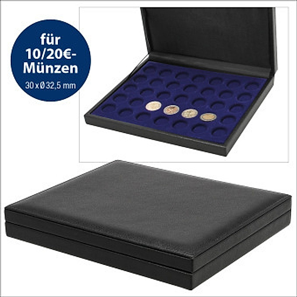 Münz-Kassetten in luxeriöser Lederausstattung mit königsblauem Velourseinsatz für 30 Format 10 Euro, 20 Euro, 10 DM-Münz