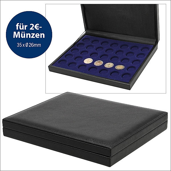 Münz-Kassetten in luxeriöser Lederausstattung mit königsblauem Velourseinsatz für 35 Format 2 Euro-Münzen