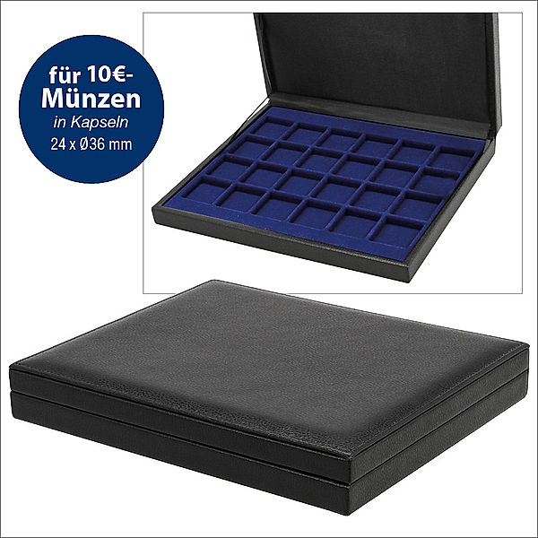 Münz-Kassetten in luxeriöser Lederausstattung mit königsblauem Velourseinsatz für 20 Format 5 DM, 10 Euro-Münzen Luft in Kapseln