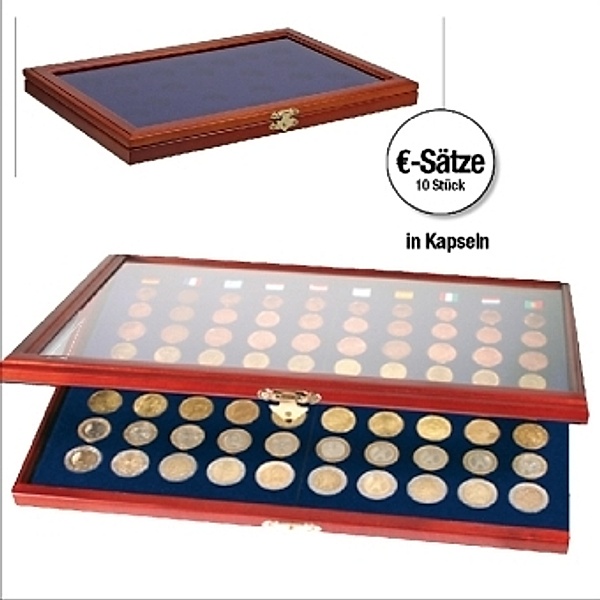 Münzen-Vitrine für 10 Euro-Sätze in Kapseln, 1 Cent bis 2 Euro