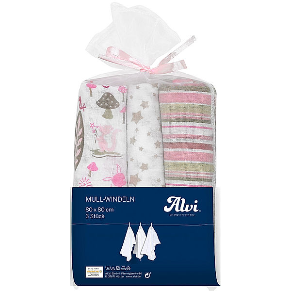 Alvi® Mulltücher BABY DREAM AOP (80x80) 3er Pack in weiß/rosa