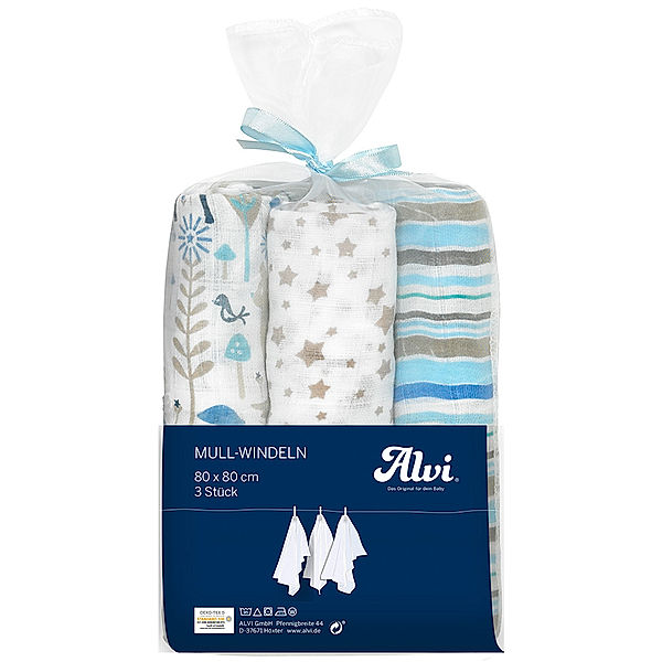 Alvi® Mulltücher BABY DREAM AOP (80x80) 3er Pack in weiss/blau