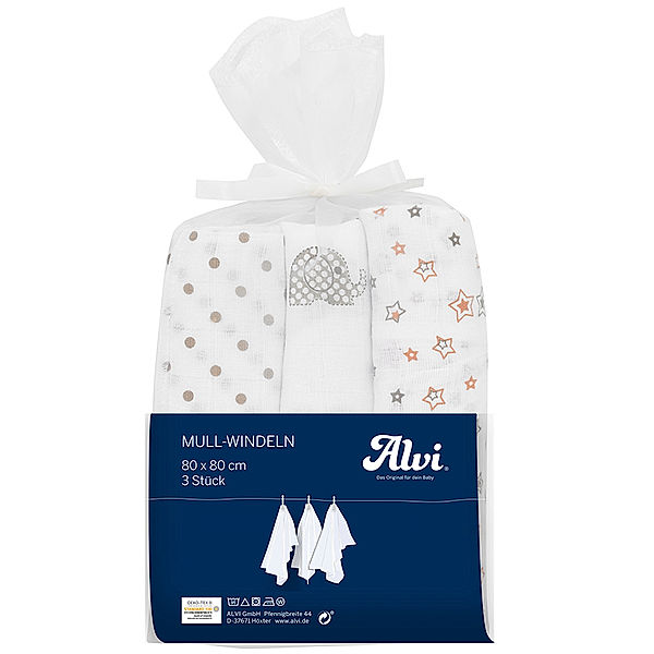 Alvi® Mulltücher BABY DREAM AOP (80x80) 3er Pack in weiß/beige